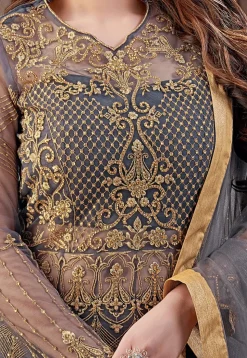 Embroidered Net Lehenga in Dark Grey