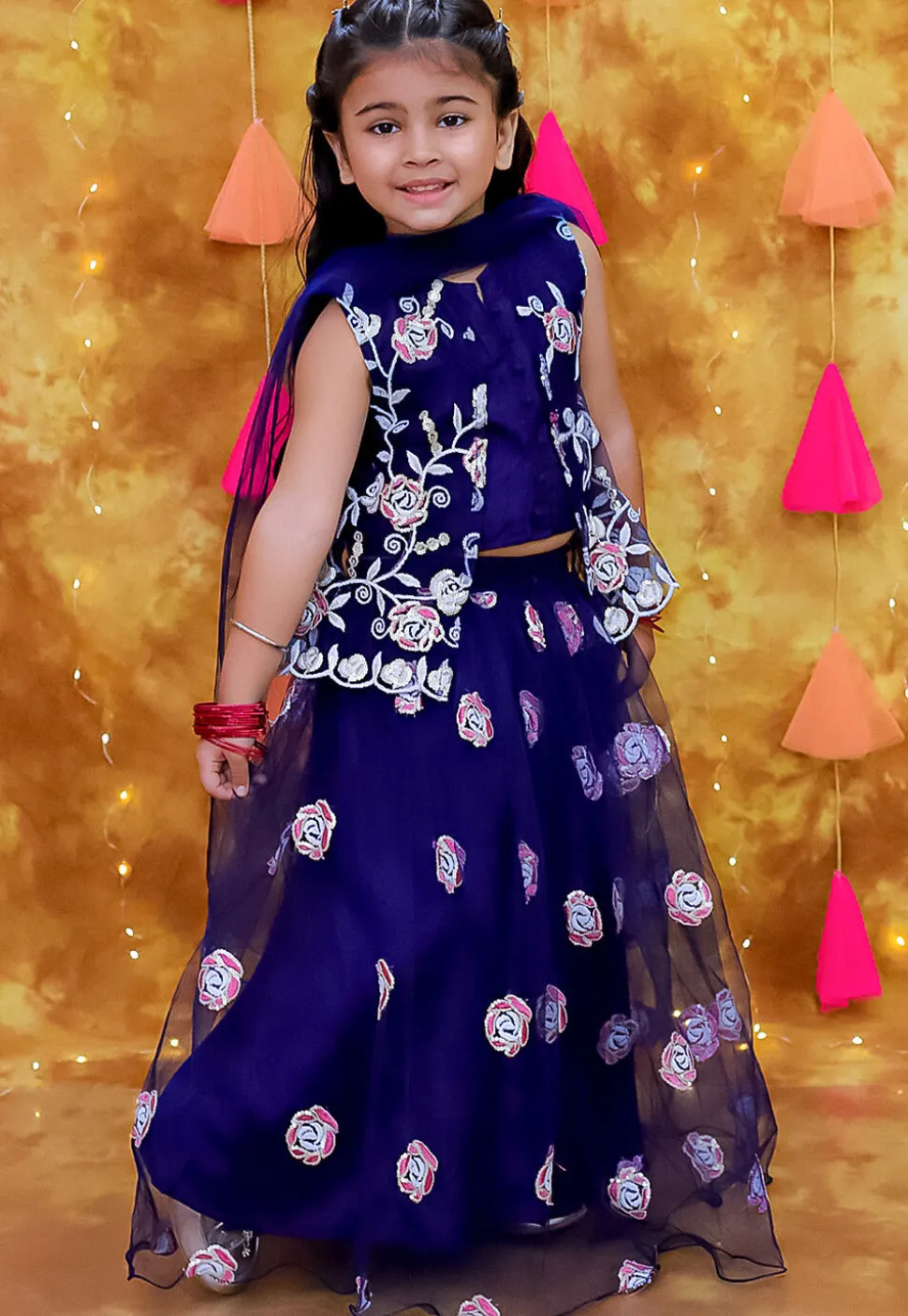 Embroidered Net Lehenga in Navy Blue