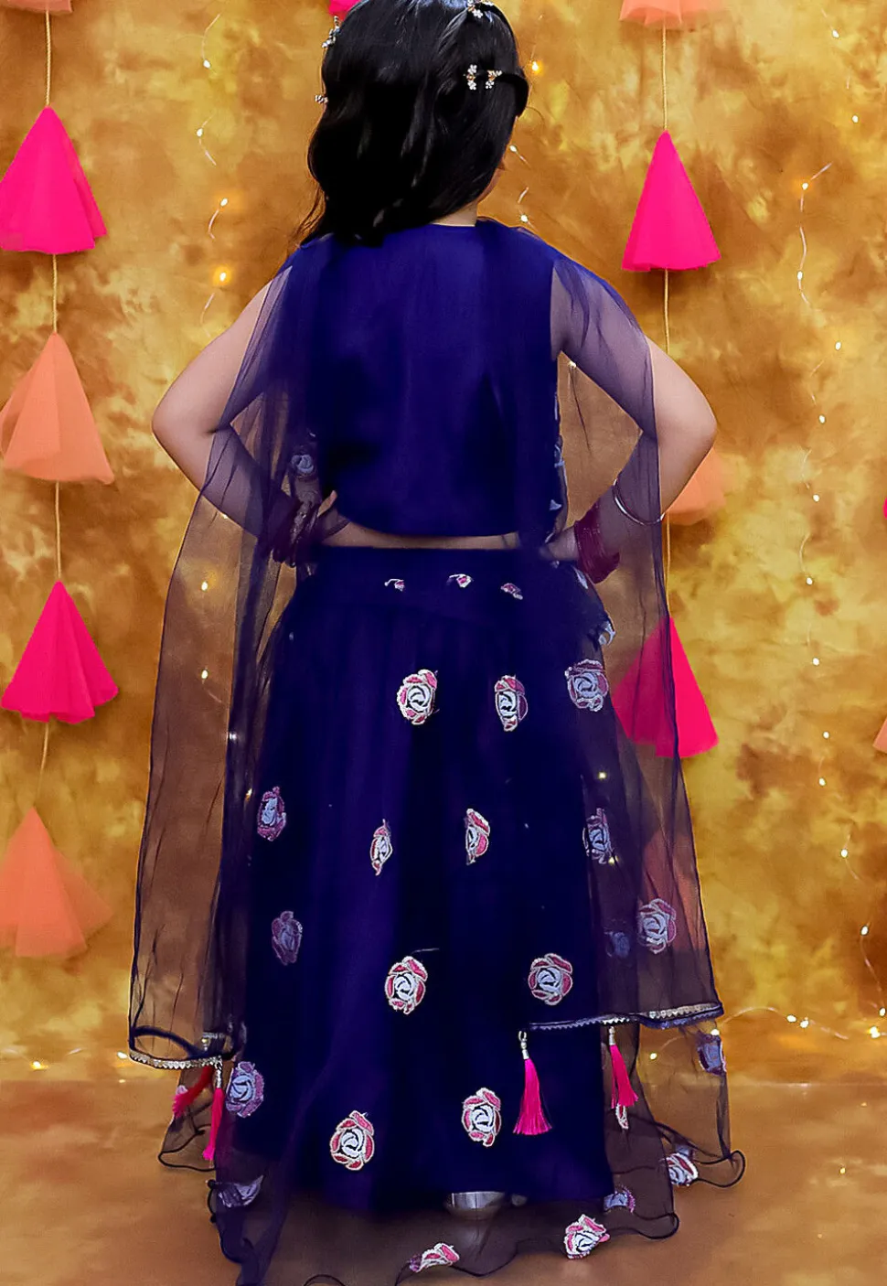 Embroidered Net Lehenga in Navy Blue