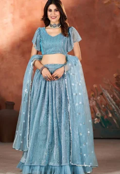 Embroidered Net Lehenga in Blue