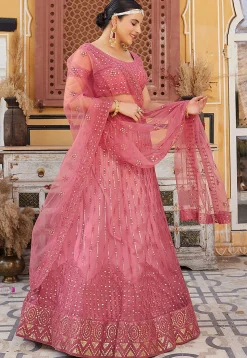 Embroidered Net Lehenga in Pink