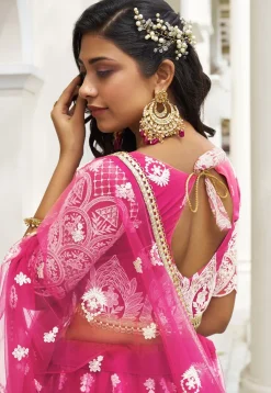 Embroidered Net Lehenga in Magenta