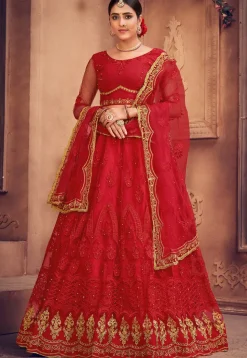 Embroidered Net Lehenga in Red