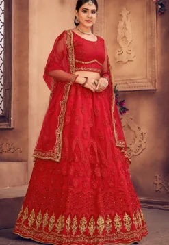 Embroidered Net Lehenga in Red