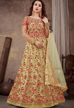 Embroidered Net Lehenga in Yellow