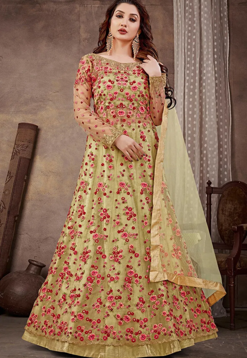 Embroidered Net Lehenga in Yellow