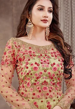 Embroidered Net Lehenga in Yellow