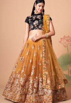Embroidered Net Lehenga in Yellow