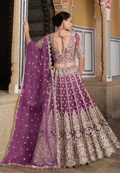 Embroidered Net Lehenga in Purple