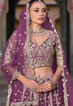 Embroidered Net Lehenga in Purple