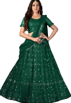 Embroidered Net Lehenga in Dark Green