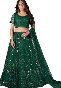 Embroidered Net Lehenga in Dark Green