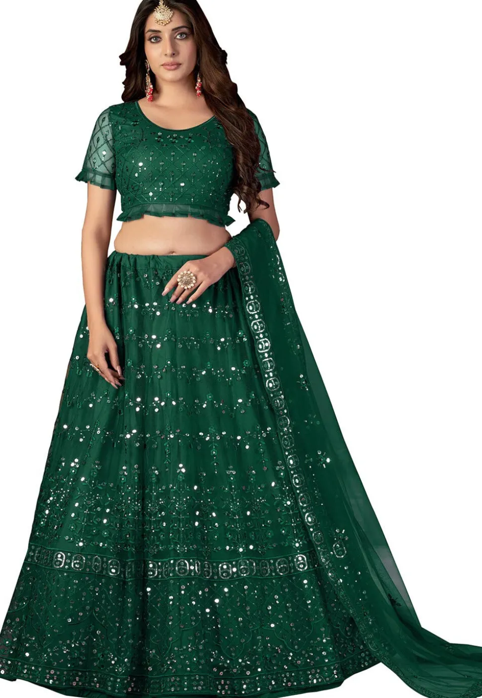 Embroidered Net Lehenga in Dark Green