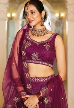 Embroidered Net Lehenga in Wine