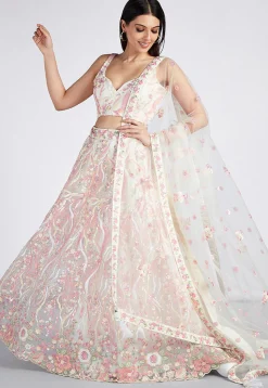 Embroidered Net Lehenga in Off White
