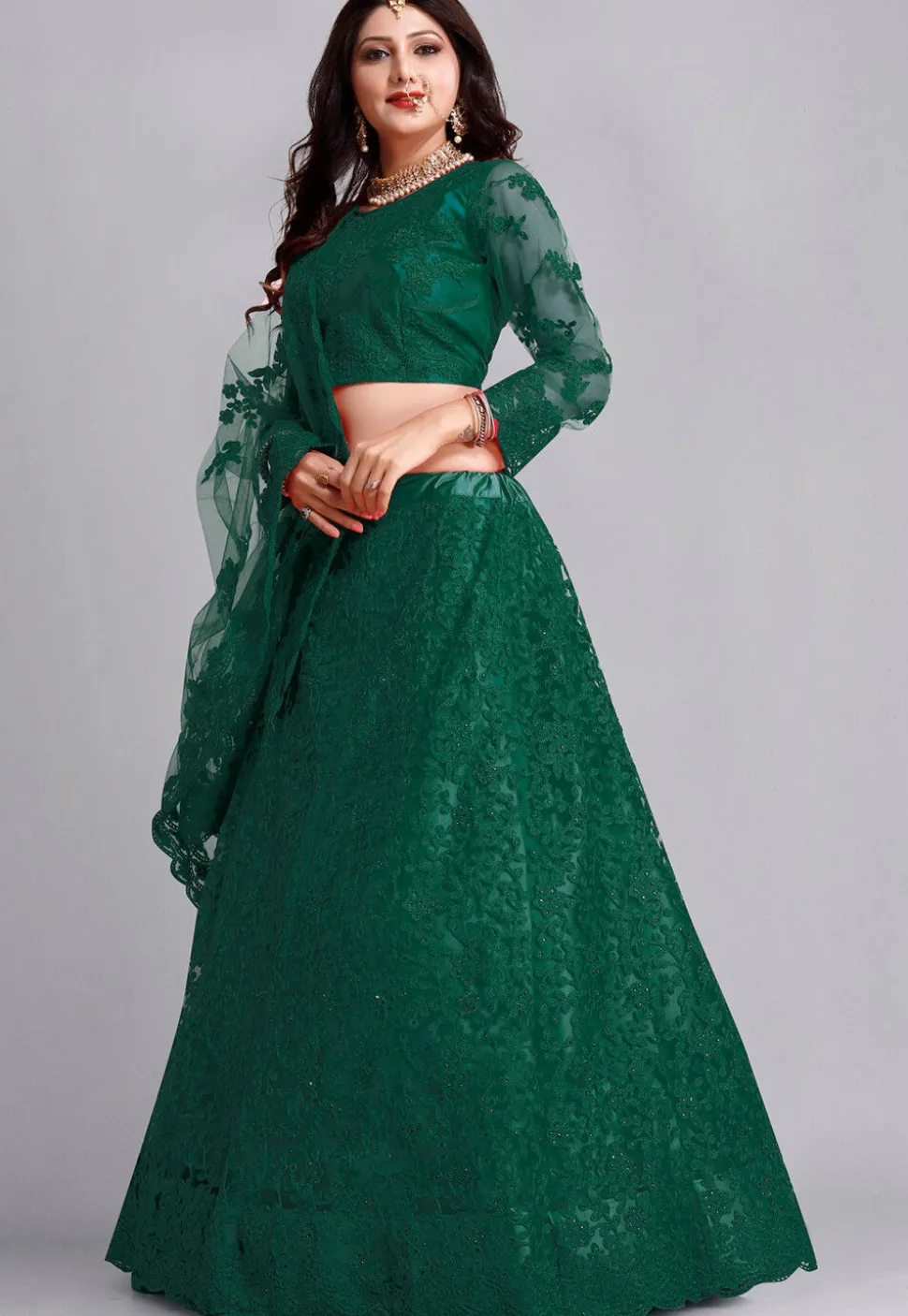 Embroidered Net Lehenga in Green