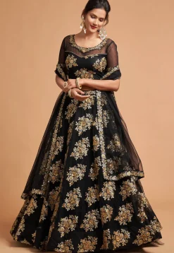 Embroidered Net Lehenga in Black