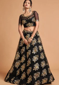 Embroidered Net Lehenga in Black