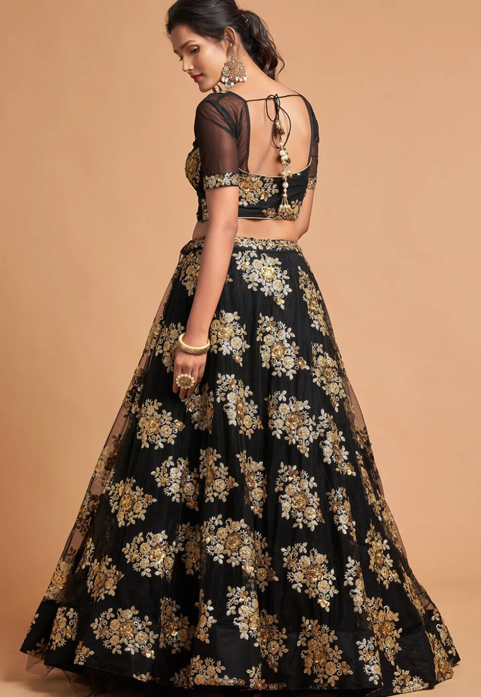 Embroidered Net Lehenga in Black