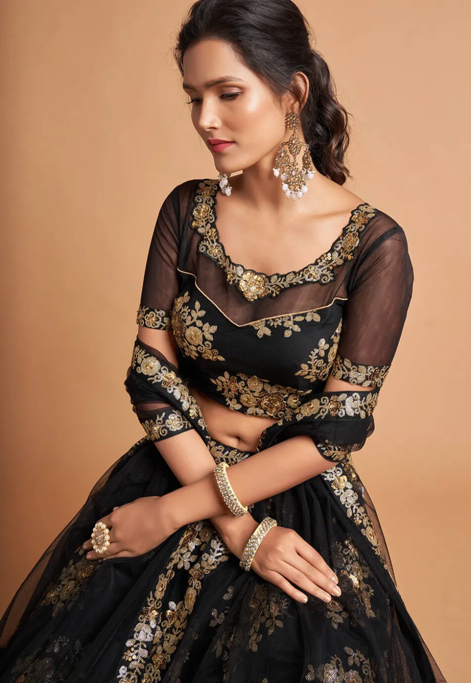 Embroidered Net Lehenga in Black