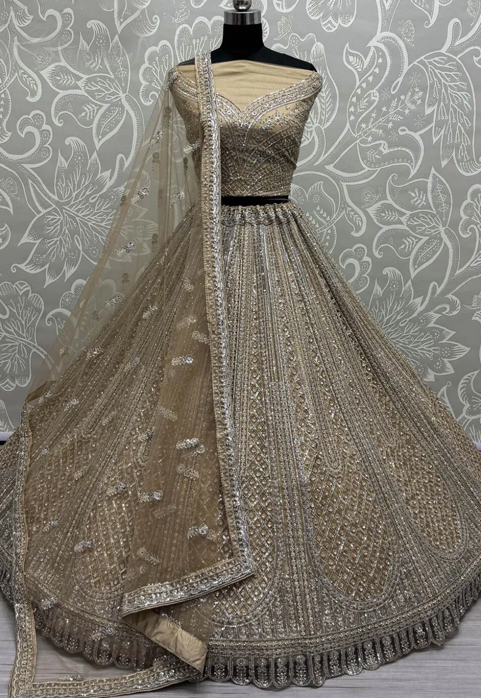 Embroidered Net Lehenga in Beige