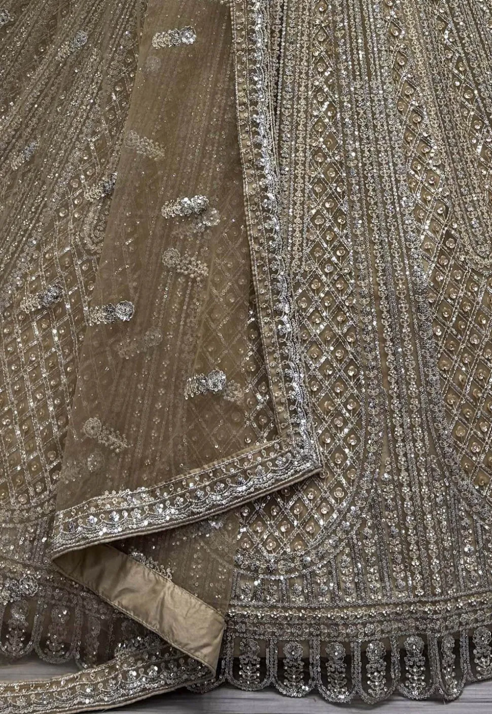 Embroidered Net Lehenga in Beige