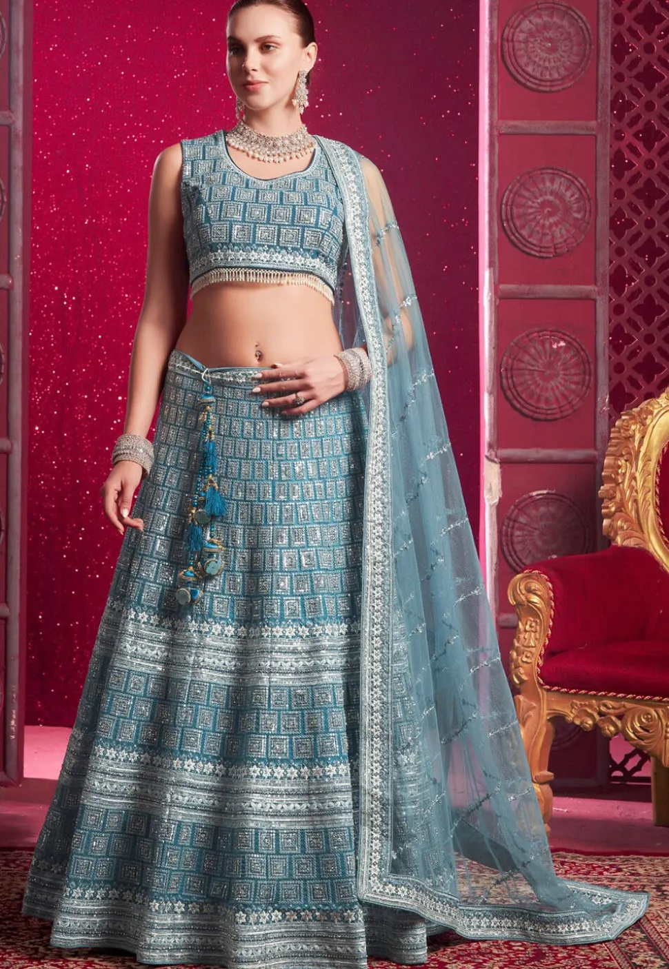 Embroidered Net Lehenga in Blue