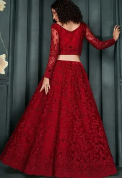 Embroidered Net Lehenga in Red