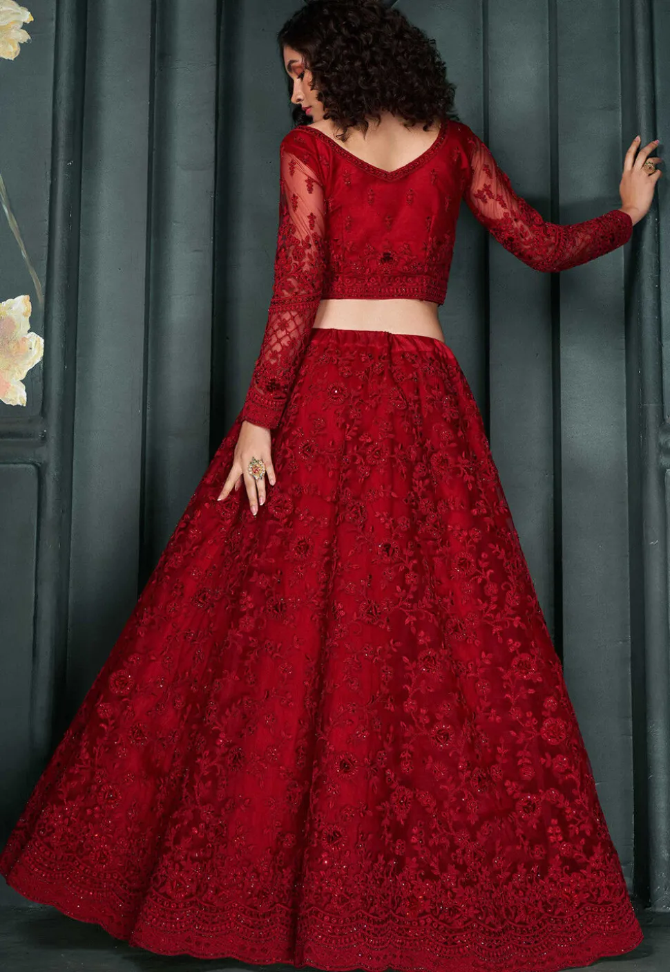 Embroidered Net Lehenga in Red