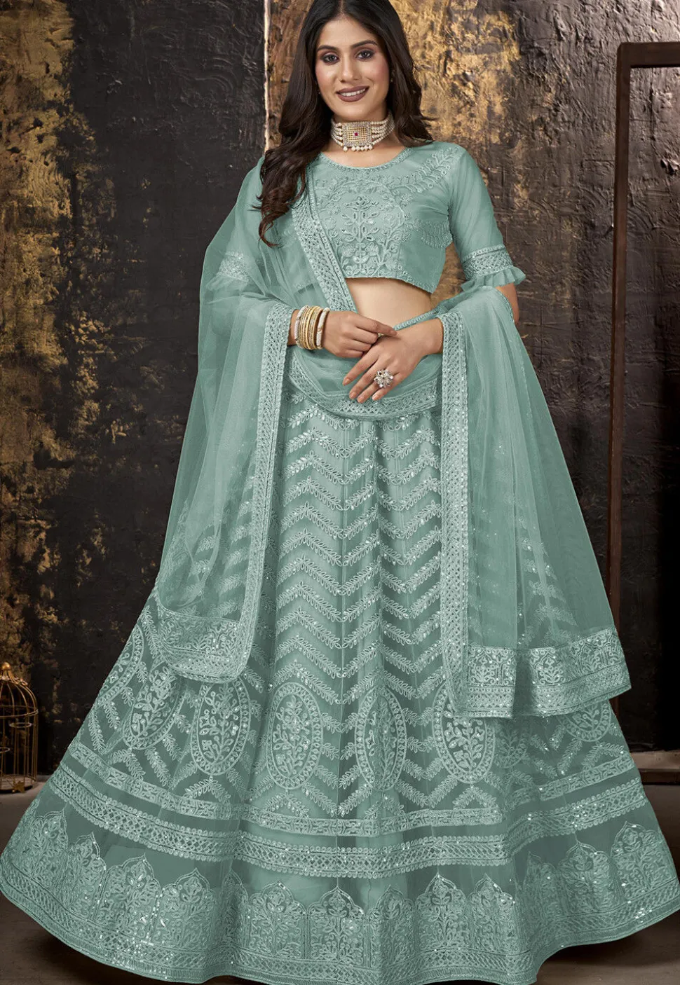Embroidered Net Lehenga in Sea Green