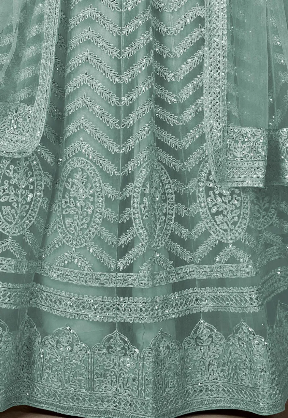 Embroidered Net Lehenga in Sea Green