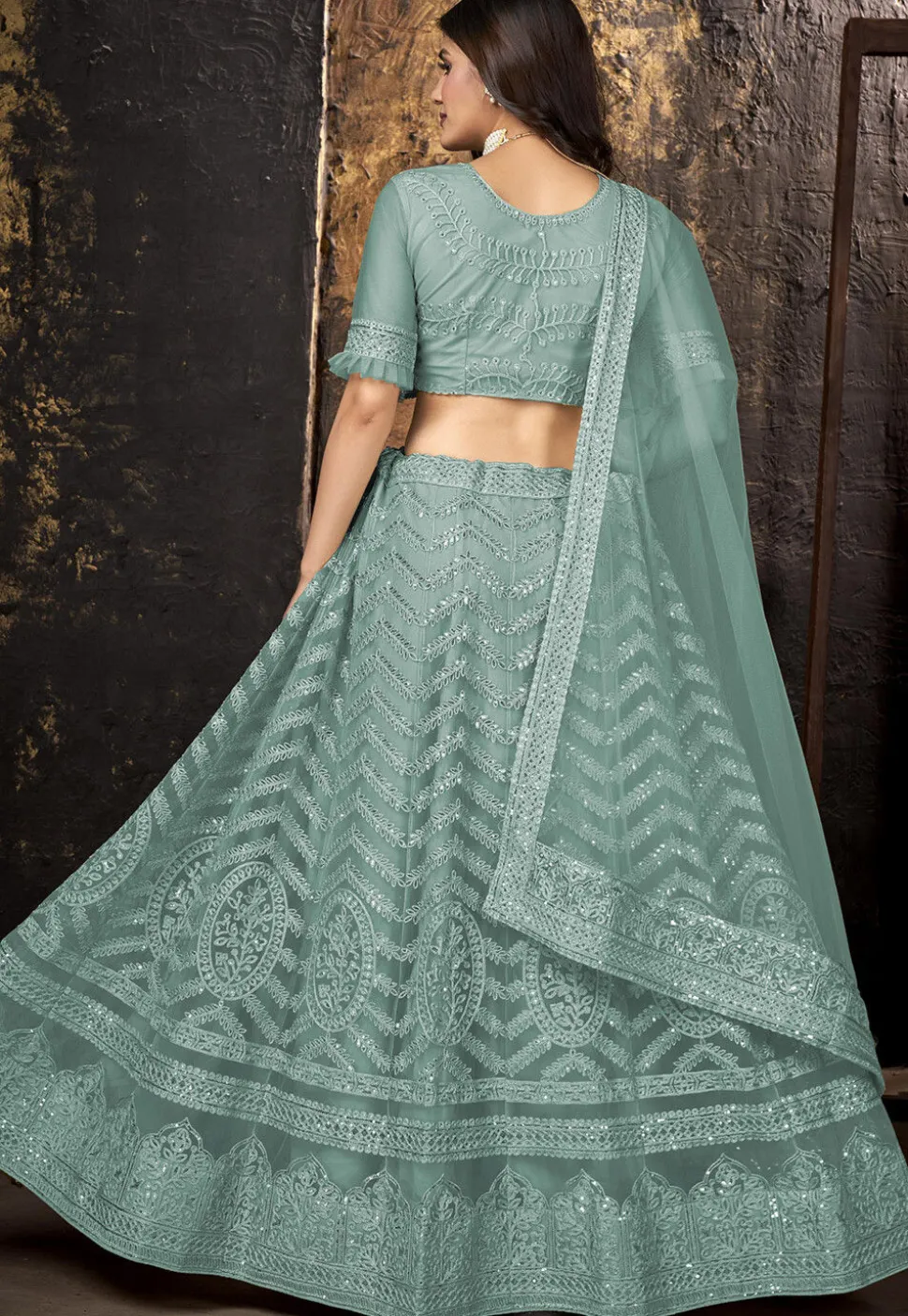 Embroidered Net Lehenga in Sea Green