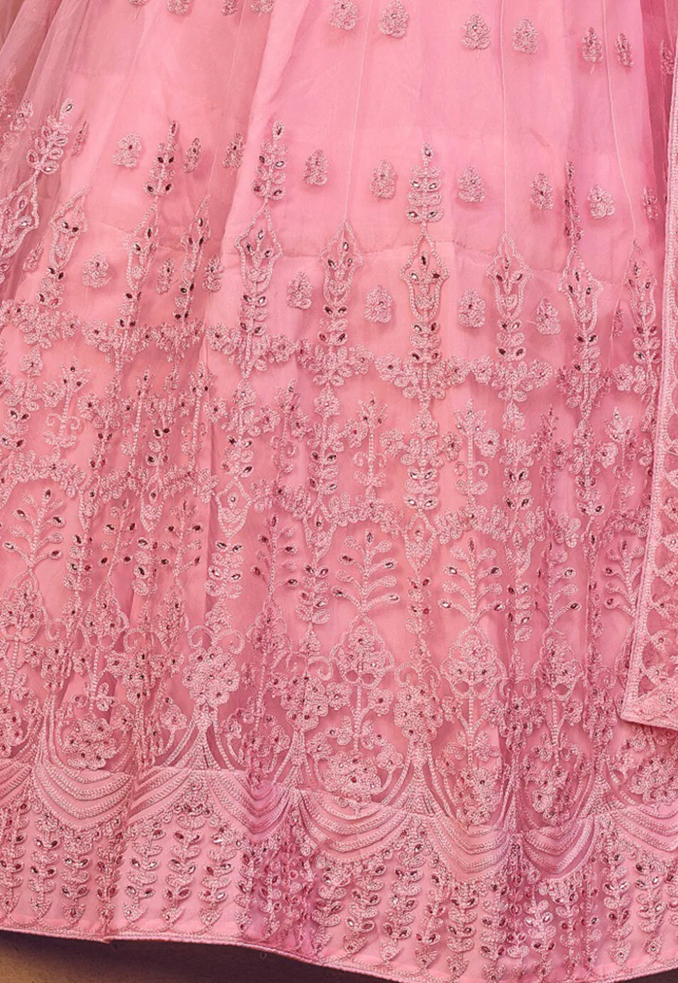 Embroidered Net Lehenga in Light Pink