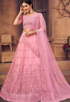 Embroidered Net Lehenga in Light Pink