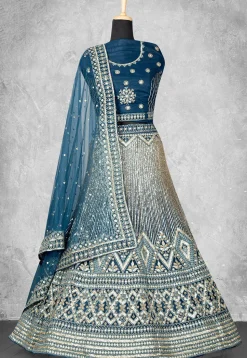 Embroidered Net Lehenga in Teal Blue
