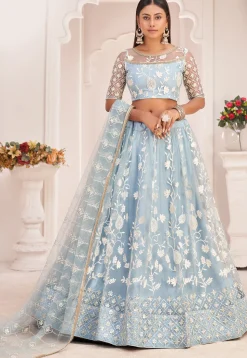 Embroidered Net Lehenga in Sky Blue