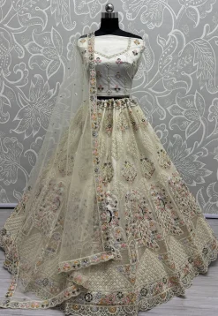 Embroidered Net Lehenga in Off White