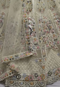 Embroidered Net Lehenga in Off White