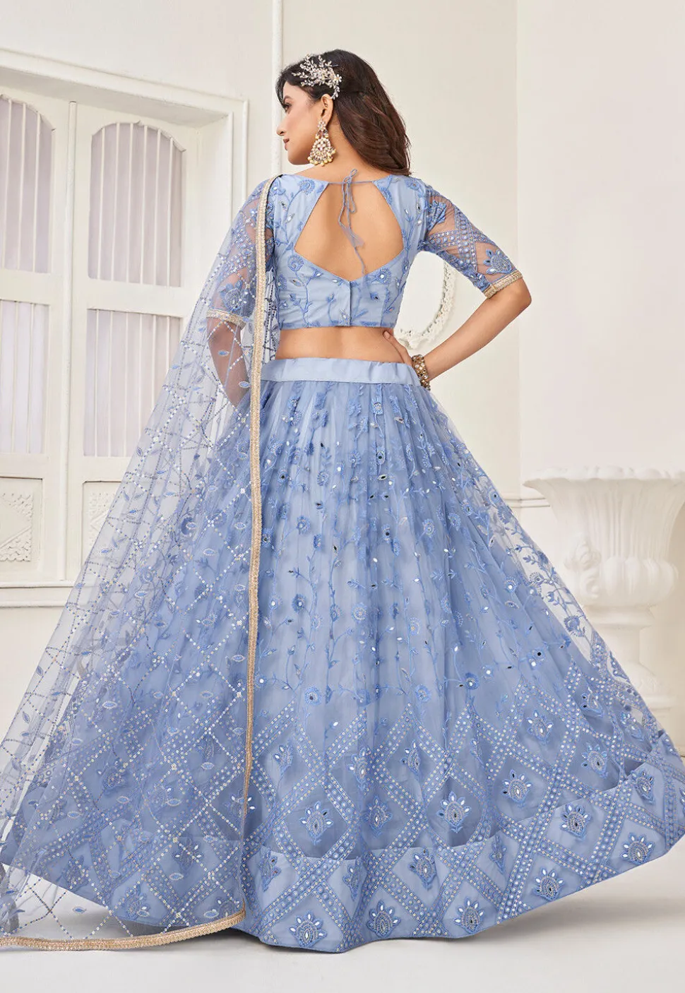 Embroidered Net Lehenga in Blue
