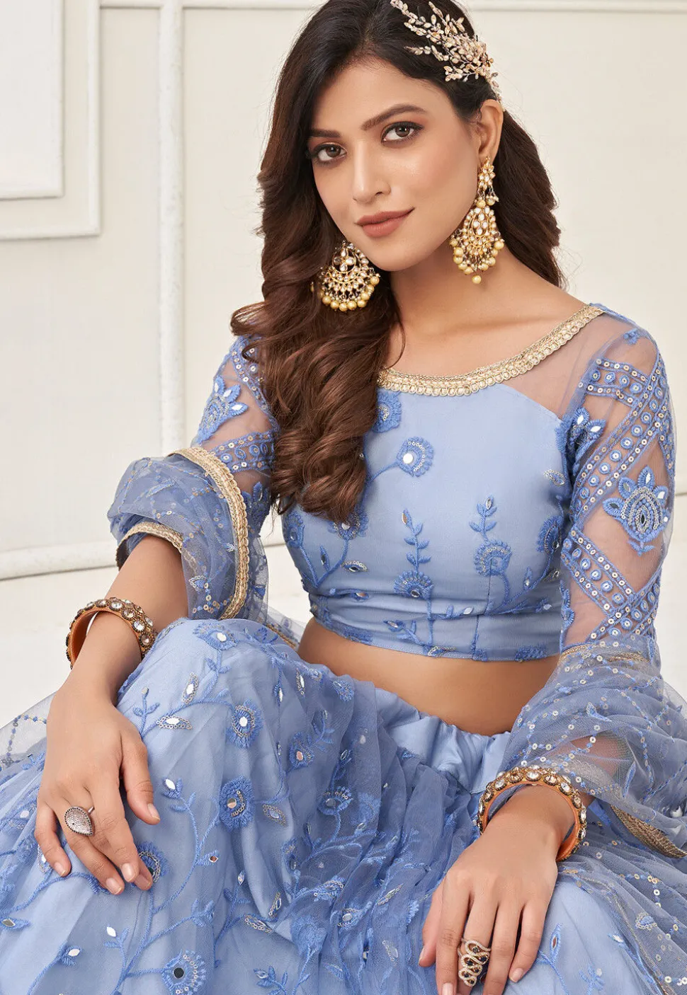 Embroidered Net Lehenga in Blue