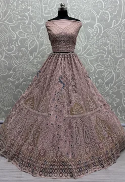 Embroidered Net Lehenga in Old Rose