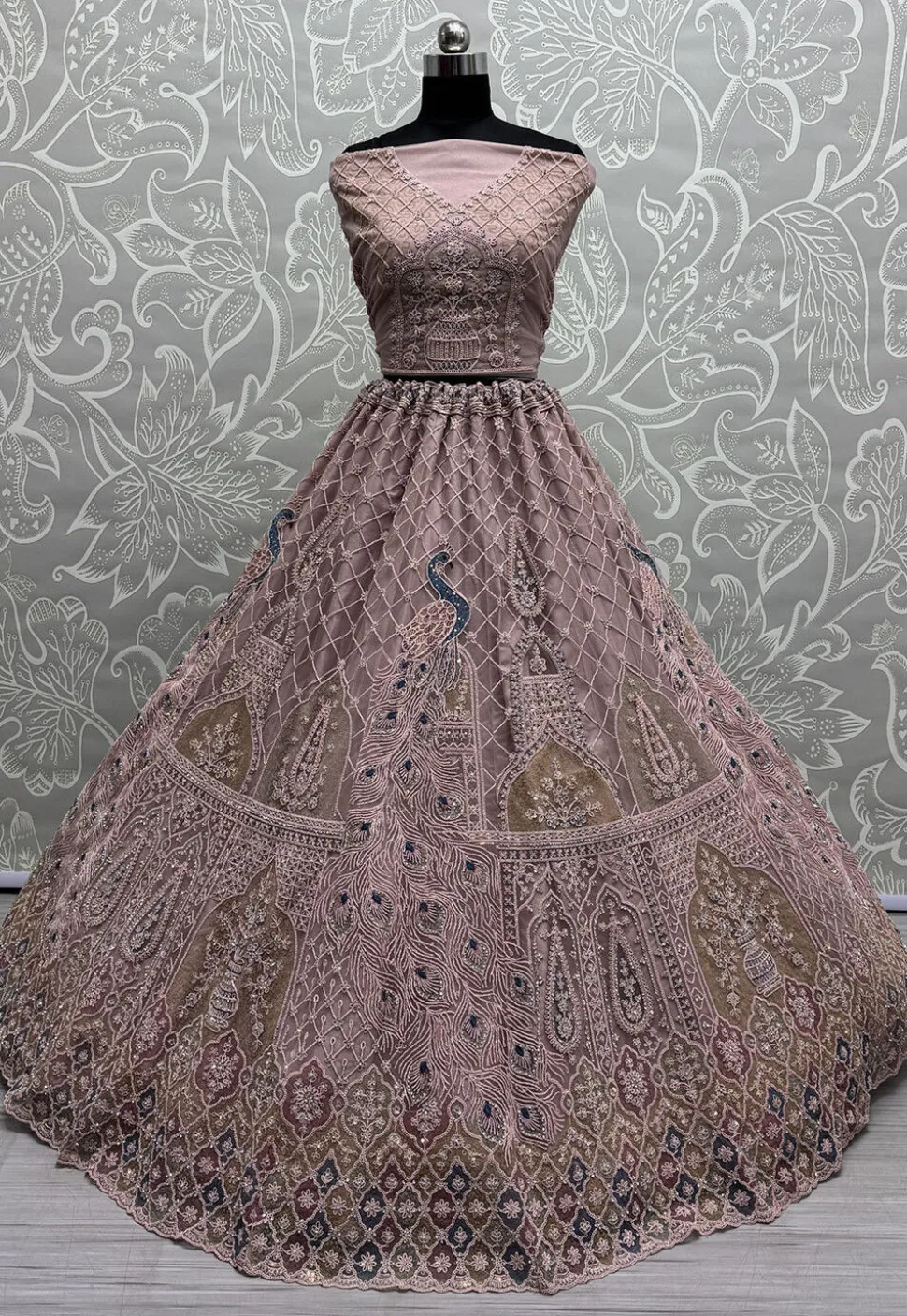 Embroidered Net Lehenga in Old Rose