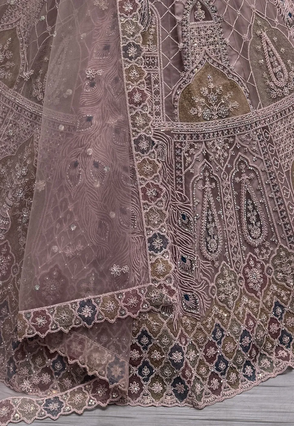Embroidered Net Lehenga in Old Rose
