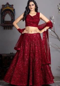 Embroidered Net Lehenga in Maroon
