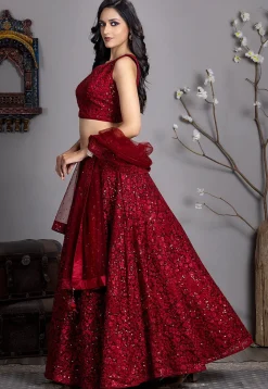 Embroidered Net Lehenga in Maroon
