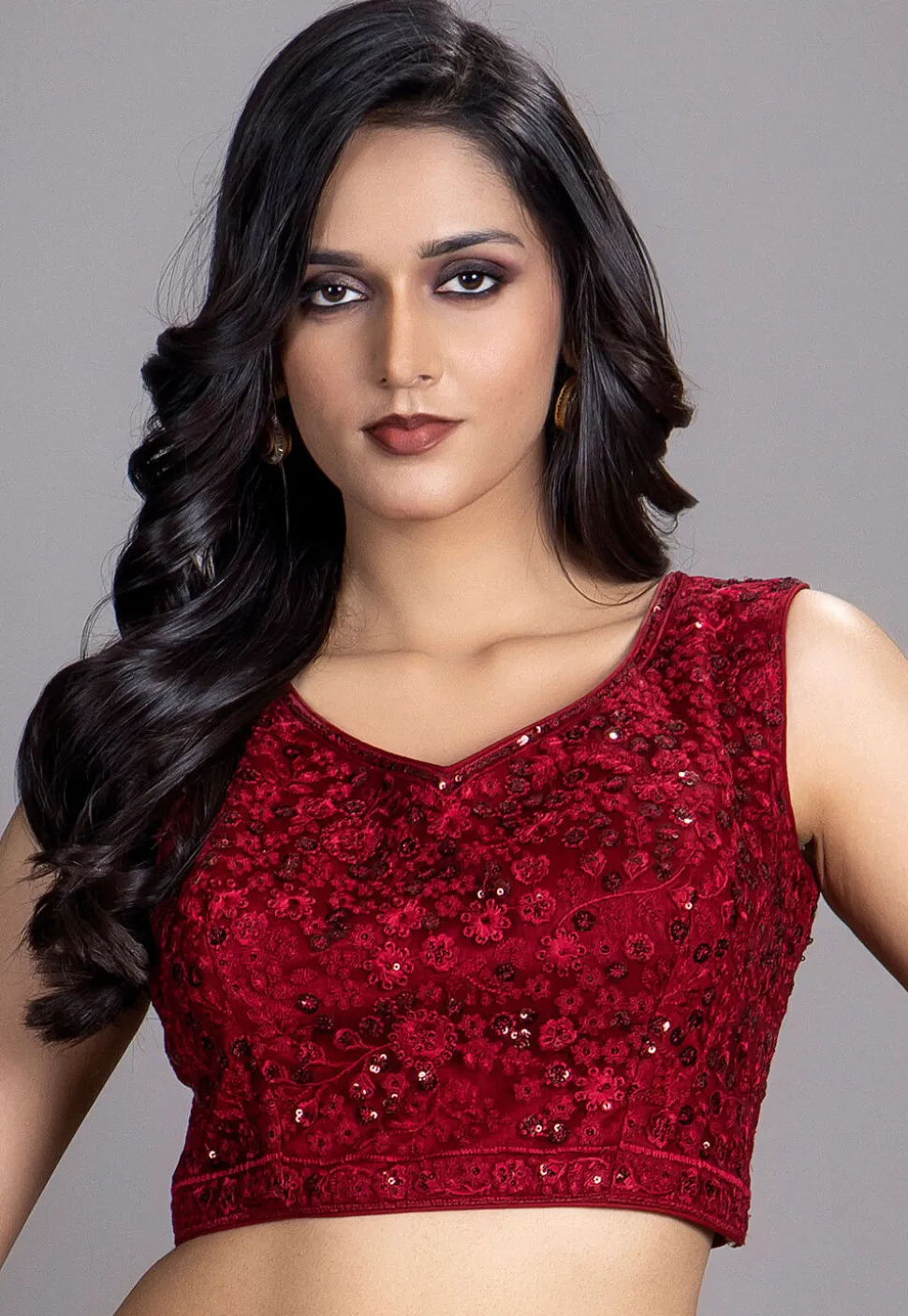 Embroidered Net Lehenga in Maroon