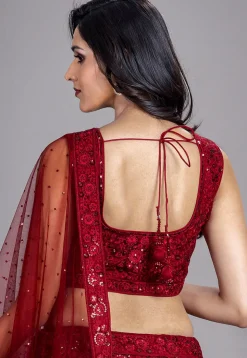 Embroidered Net Lehenga in Maroon