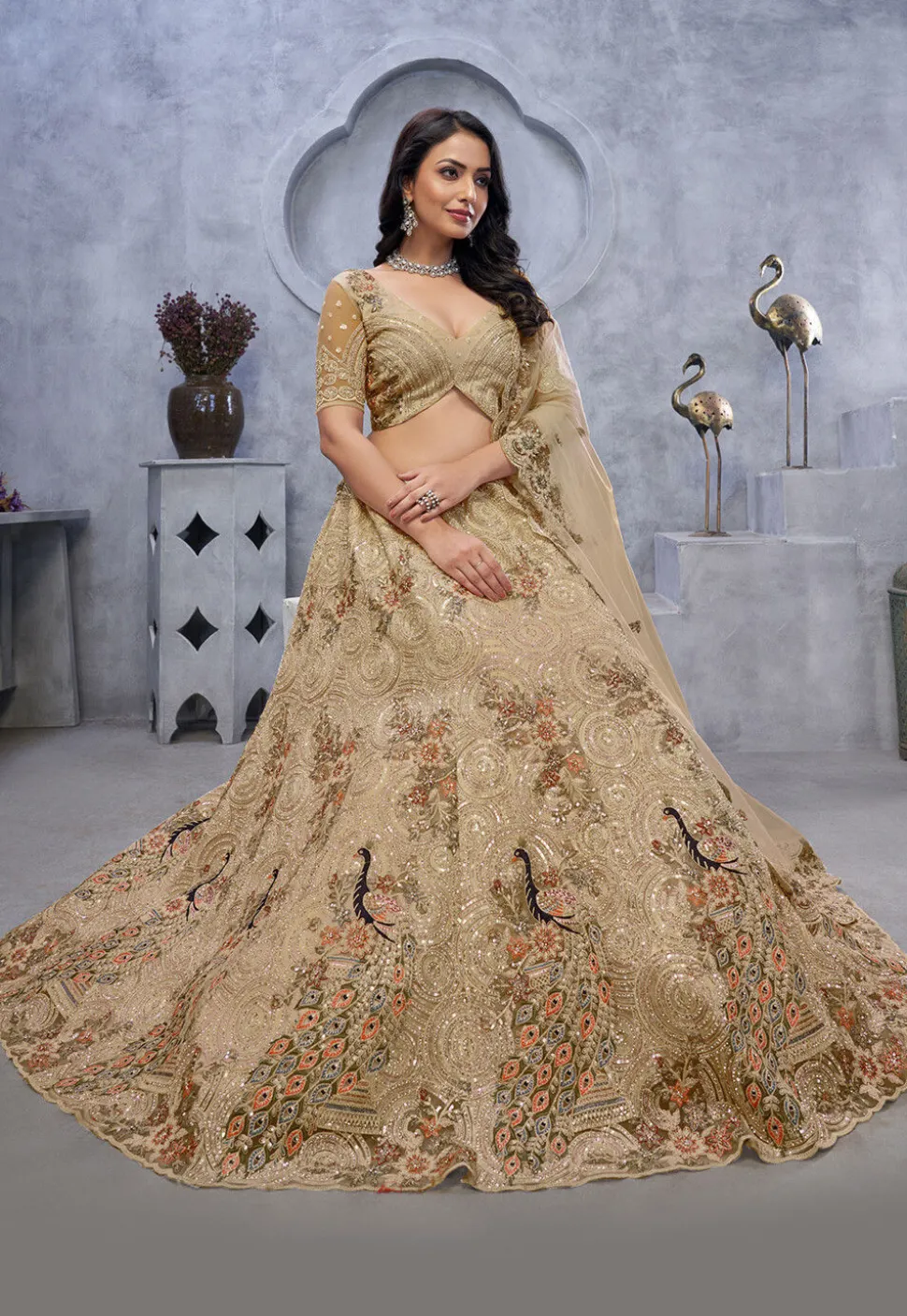 Embroidered Net Lehenga in Beige