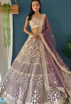 Embroidered Net Lehenga in Purple