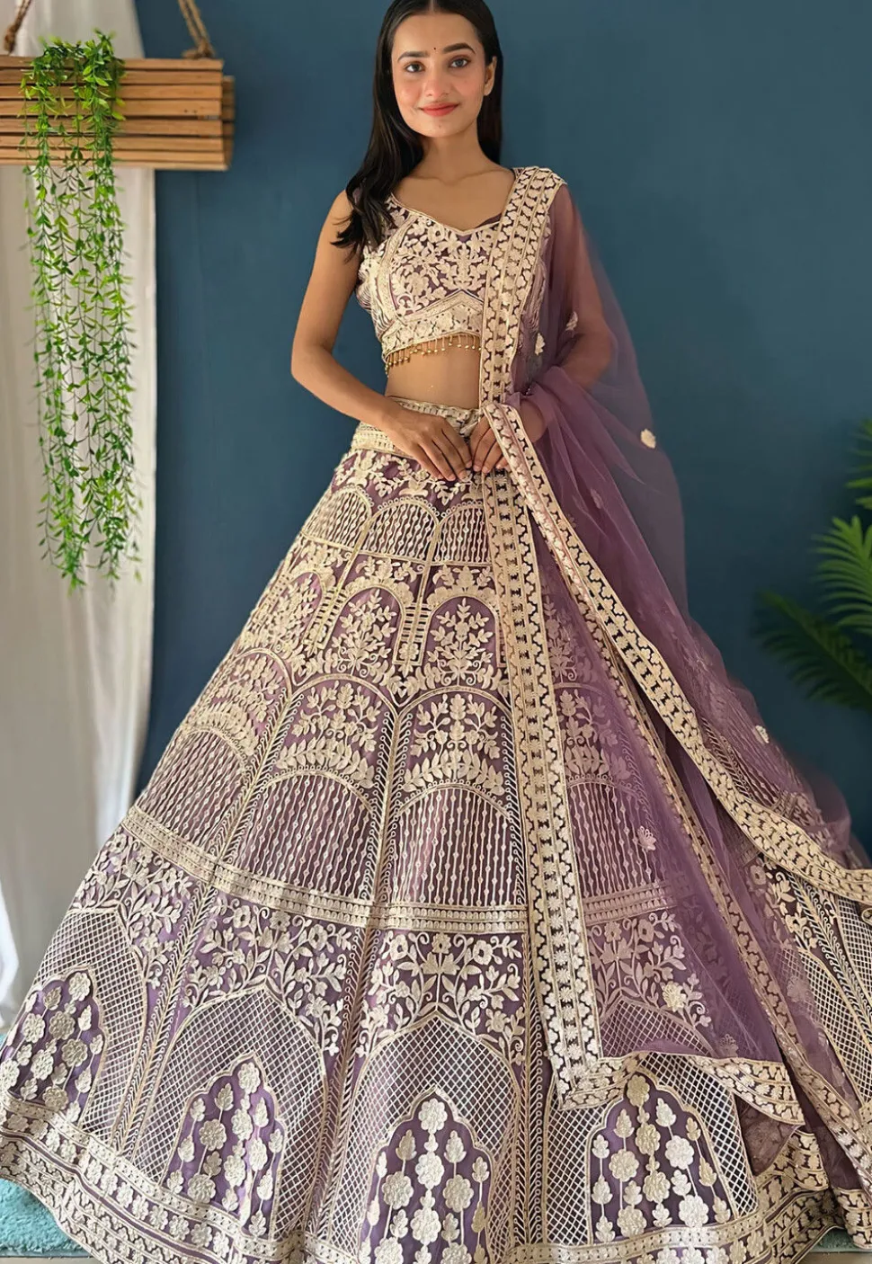 Embroidered Net Lehenga in Purple